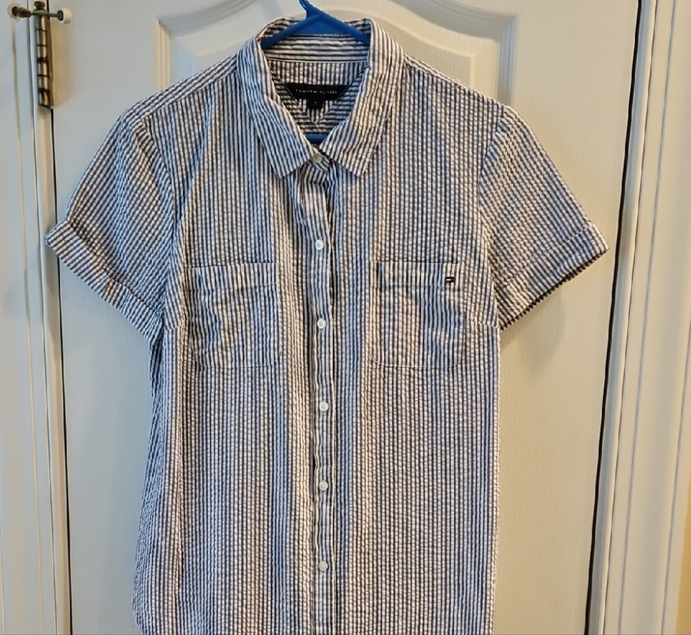 Tommy Hilfiger Navy and White Striped Womens shirt